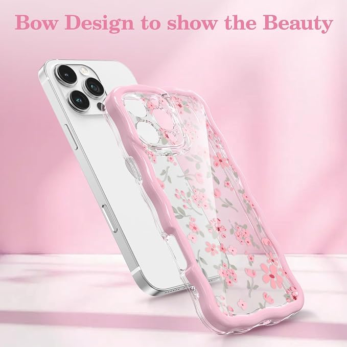 QLTYPRI for iPhone 15 Pro Pink Flower Case, Clear Cute Pink Floral Flower Phone Case Curly Wavy Aesthetic Phone Cover, Soft Slim Transparent TPU Shockproof Protective Cover for Women Girls - Pink - Image 2