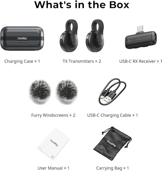 SMALLRIG Wireless Mic S70-C2 (2 TX + 1 RX + Charging Case), Wireless Lapel Microphone for Devices with USB-C Port, 48h Use, Noise Reduction Record for Vlog (Black) - Image 9