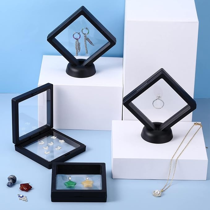 FairySandy 60 Pcs Floating Display Case Box, 3.5 Inch, Black | 3D Floating Frames with PE Film for Challenge Coin, medal, Jewelry Storage Box, Small Display Holder, Stand Base Included - Image 6