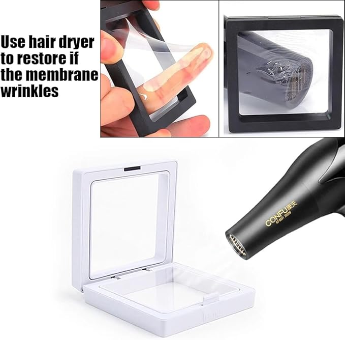 4 Pcs 3D Floating Display Case Frame Display Holder Stands Transparent PE Film Storage Box for Jewelry Challenge Coin Medal Antique 9.1 x 3.5 x 0.8 inch Black and White - Image 5