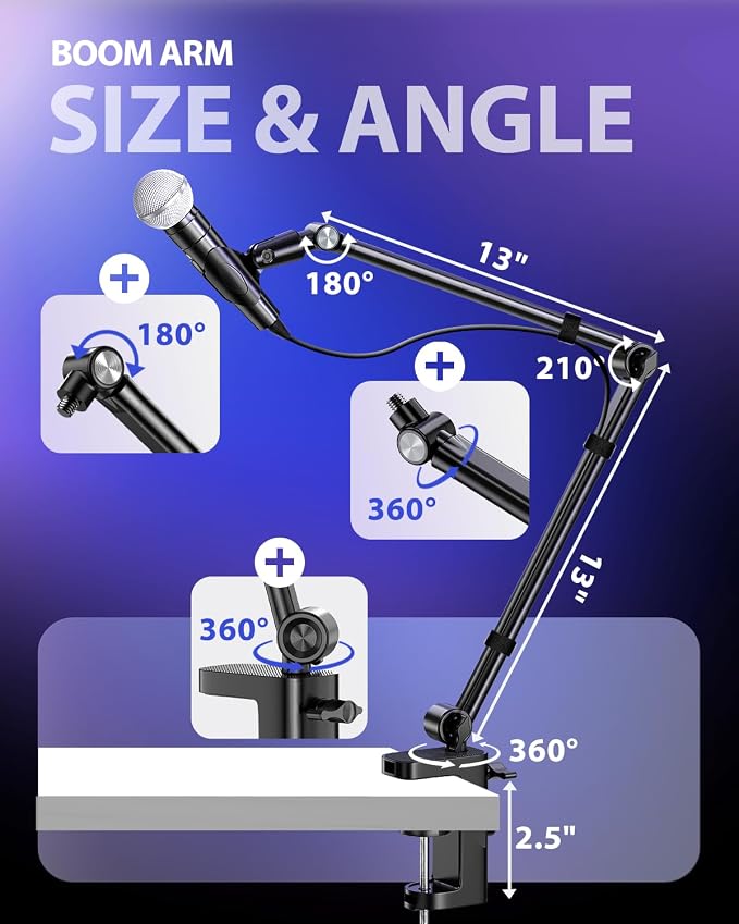 UBeesize Microphone Boom Arm, Aluminum Alloy Mic Arm Stand | 360° Rotatable Desk Mount with 3/8" to 5/8" Adapter, Compatible with Blue Yeti, HyperX QuadCast, Shure SM7B, Podcast & Gaming - Image 4
