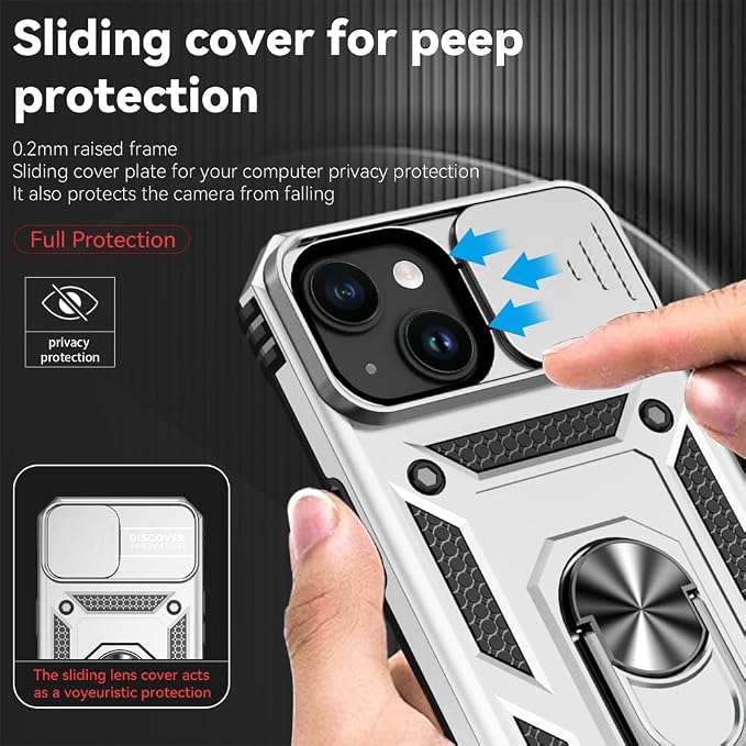 HNHYGETE for iPhone 15 Case with HD Screen Protector: [Military Grade 20ft. Drop Tested] Ring Shockproof Protective Phone Case for - iPhone 15 Silver - Image 4