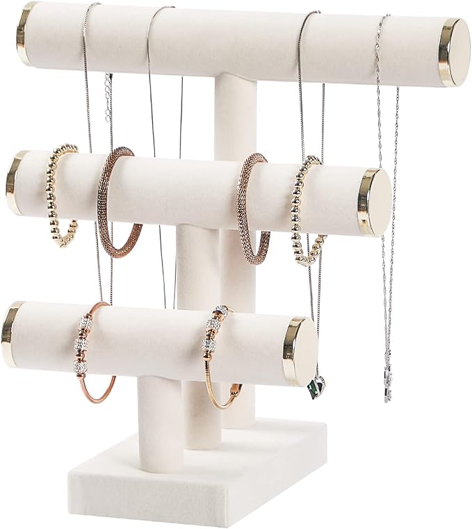 3 Tier Bracelet Holder,Bracelet Display Stand with Metal Cap,Beige White Velvet Jewelry Organizer Displays for Necklace Scrunchies Watches Hair Ties. - Image 2