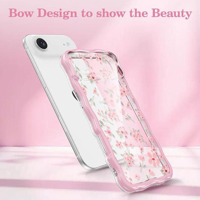 QLTYPRI for iPhone Air Pink Flower Case, Clear Cute Pink Floral Flower Phone Case Curly Wavy Aesthetic Phone Cover, Soft Slim Transparent TPU Shockproof Protective Cover for Women Girls - Pink - Image 2