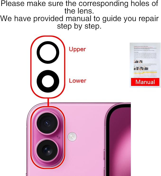 ASDAWN Back Rear Camera Lens Glass Replacement for iPhone 16 6.1 inch and 16 Plus 6.7 inch with Pre-Installed Adhesive, Back Lens Glass with Installation Manual + Repair Tool Set - Image 6