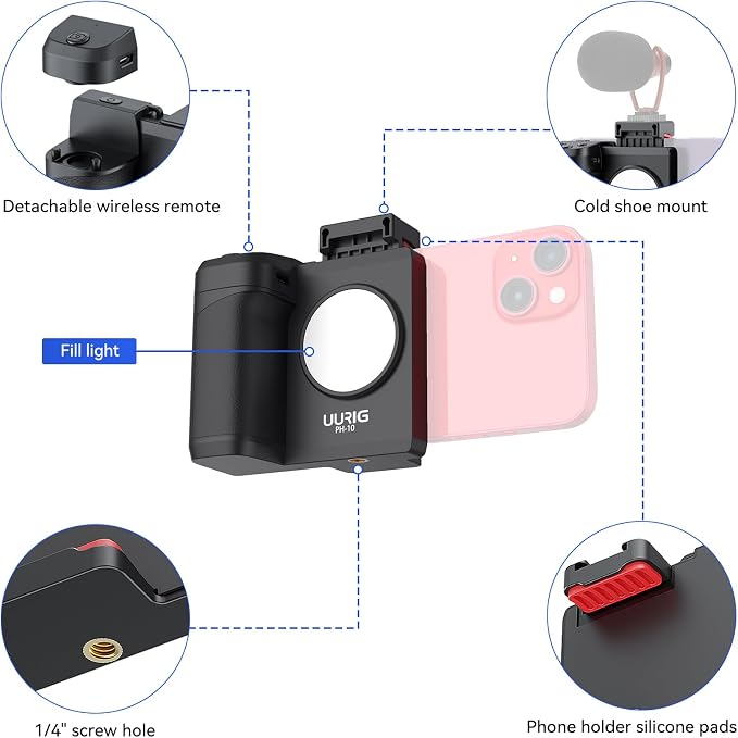 UURIG PH-14 Smartphone Camera Shutter Handle Grip w Detachable Wireless Bluetooth Remote Control,Three-Gear Adjustable Fill Light for iPhone Samsung Google OnePlus Phones Video/Photo Shooting - Image 2