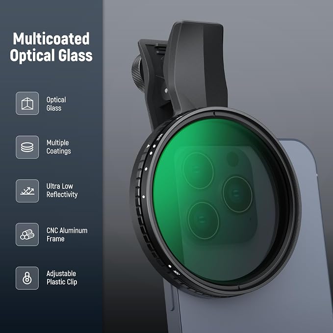 NEEWER 67mm Variable ND Filter Set Compatible with iPhone, 3 Pack Clip On CPL + ND2-32 + Black Diffusion 1/4 Filter for Mist Cinematic Effect Photography Accessories Kit, FL-B37 - Image 8
