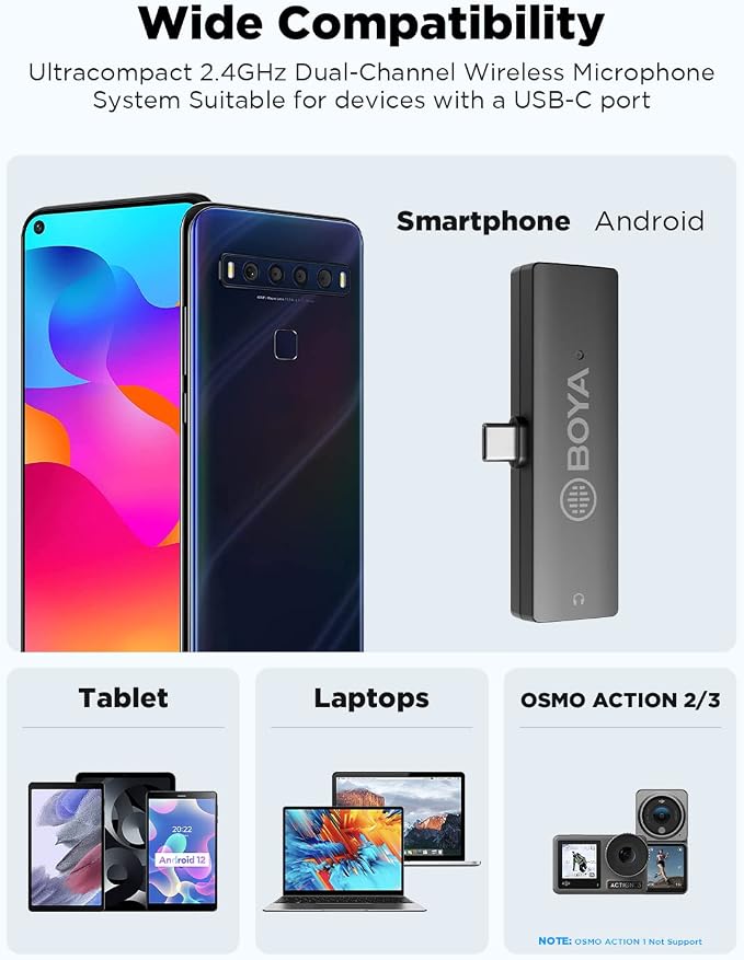 BOYA BY-XM6-K5 Wireless Lavalier Microphone for Android/Laptop with Charging Case & Mono/Stero,OLED Diplay Wireless USB-C Microphone for Vlogging,YouTube,Tiktok Live Stream, Video Recording - Image 6