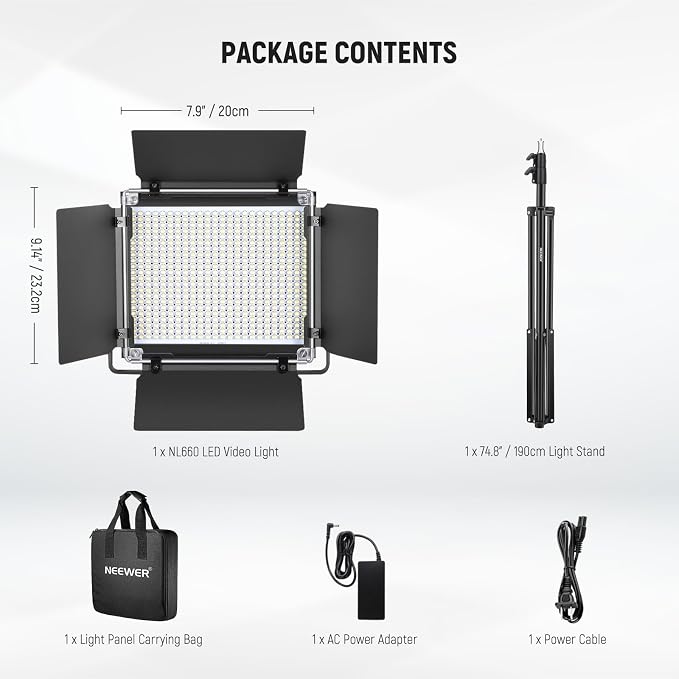 NEEWER Bi Color LED Studio Light with Tripod Stand Barndoors, Video Panel Key Lighting for Video Recording Streaming Photoshoot Photography, 660 LEDs 3200K-5600K 3300lx/1m Dimmable CRI96+, NL660 | Panel Key Lighting for Video Recording Streaming Photos... - Image 9