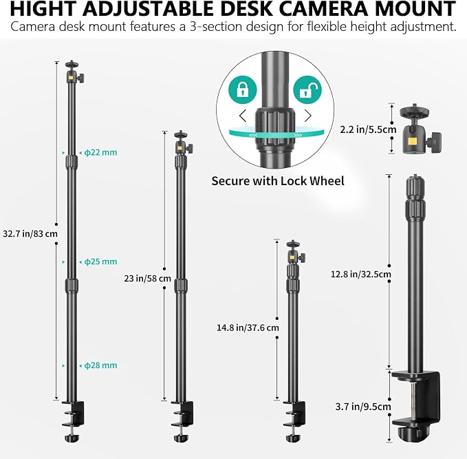 Camera Desk Mount Table Stand with Ball Head, Adjustable Light Stand with 1/4" Screw & C Clamp for DSLR Camera, Ring Light, Live Streaming, Photo Video Shooting - Image 4