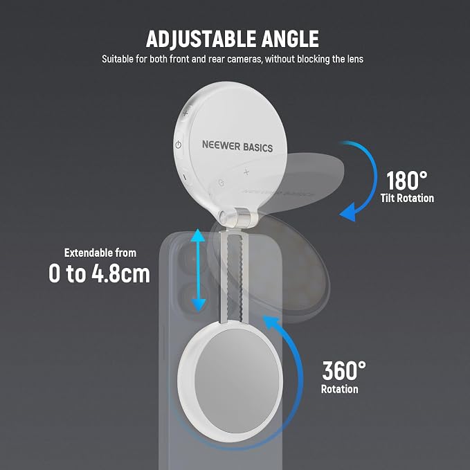 NEEWER Basics Magnetic LED Selfie Light Compatible with MagSafe iPhone, Desk Stand Phone Holder with Makeup Mirror 1160lx/0.2m 900mAh CRI95 Fill Lighting for Video Recording Streaming, White NL48R - Image 6