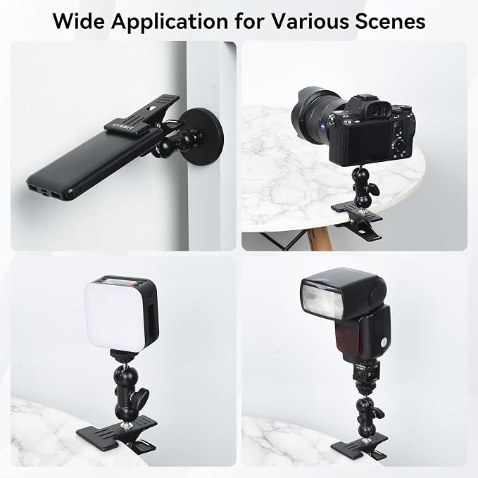 UTEBIT Dual Ball Head Cameras Clip for GoPro, with 1/4'' Swivel Mount | 66mm Strong Magnetic Base with 360° Dual Ball Heads for Studio Backdrops, Video Lights, Photography Accessories Clamp, Black - Image 8
