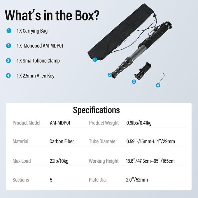 SIRUI Carbon Fiber Monopod for cameras, 65" Compact Lightweight Travel Monopod, 6 Sections, Load up 15kg, included Phone Holder (AM-MDP01) - Image 9