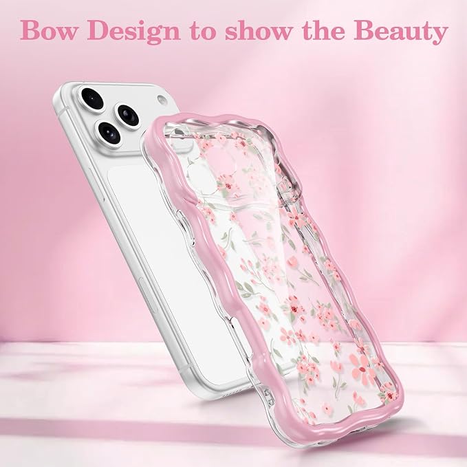 QLTYPRI for iPhone 17 Pro Pink Flower Case, Clear Cute Pink Floral Flower Phone Case Curly Wavy Aesthetic Phone Cover, Soft Slim Transparent TPU Shockproof Protective Cover for Women Girls - Pink - Image 2