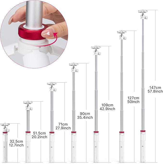 ULANZI MT-44 Extendable Phone Tripod, 59" Portable Selfie Stick Vlog White | 2-in-1 Phone Clip, Cold Shoe, Tripod Stand w 1/4" Screw, 360° Ball Head, Camera Tripod for DJI Pocket 4 Luna Sony Video Live - Image 3
