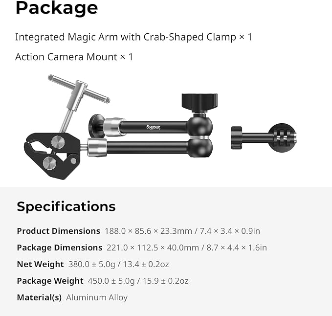 SMALLRIG Magic Arm with Super Clamp for Action Cameras, Camera Clamp Mount for GoPro Hero 13/12/11, for DJI Osmo Action 5 pro/4/3, for Insta360 Ace Pro 2, with 1/4" Screw for Monitor/LED Lights - Image 8