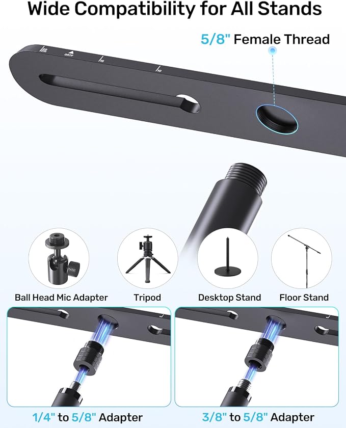 Stereo Array Spacing Mic Bar Mount, Aluminum Dual Holder with Ruled Marking | Adjustable Positioning, Durable Aluminum Construction, Fits 5/8, 3/8 & 1/4 Stands, for XY/ORTF Recording, Studio, Podcasting - Image 4