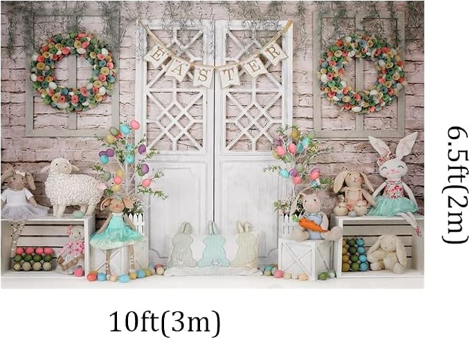 Kate 10x6.5ft Happy Easter Day Photography Backdrops Colorful Eggs | Cute Rabbit Toy Photographic Background Retro Wall White Door Baby Shower Newborn Shooting Backdrop - Image 3