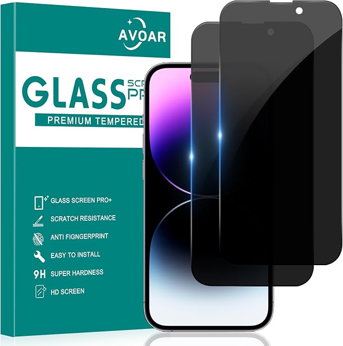 2 Pack Privacy Screen Protector for iPhone 14 Pro Max, 6.7 Inch | Tempered Glass Film, Full Screen, Anti-Spy, Bubble Free, Case Friendly by AVOAR