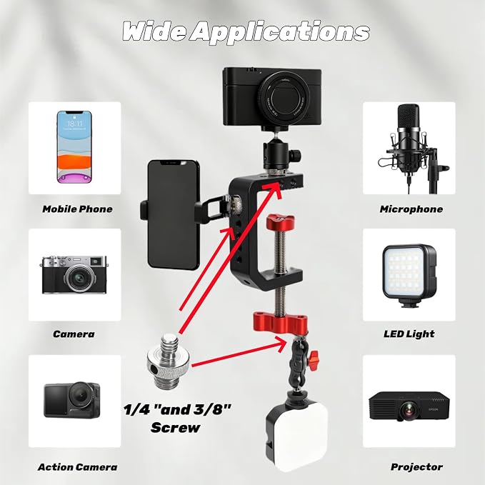 Tlence C Clamp Desk Camera Mount, Table Clamps with 1/4" and 3/8" Thread, Metal Desktop C Clamp for Light Stand, Heavy Duty Clamps Jaw for Workbench, Rods, Shelves, Bike, Fits up to 2.5" Thickness - Image 4