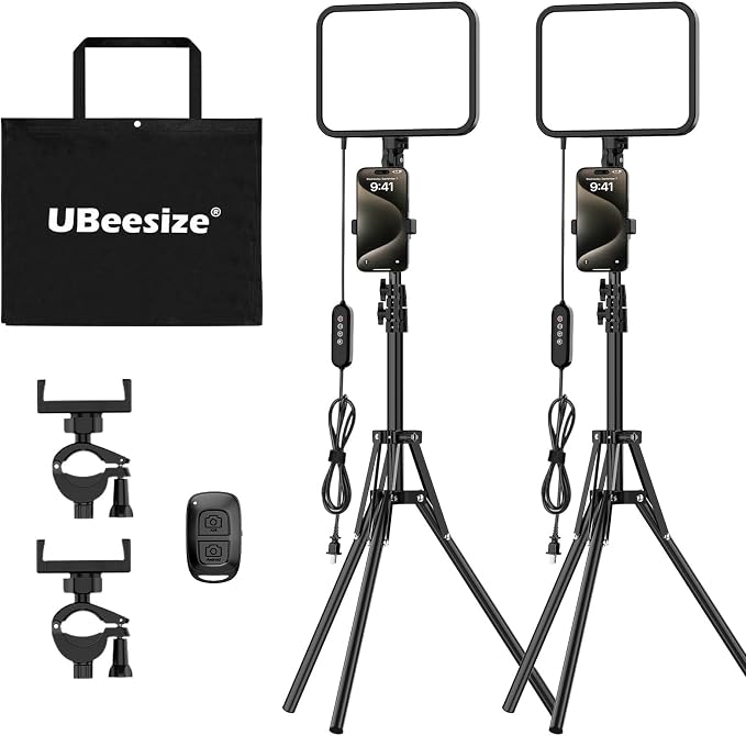 UBeesize 2-Pack LED Video Light Kit with Tripod Stand & Phone Holder | Ultra-Bright 3000-Lumen Dimmable Studio Lights for Live Streaming, Video Recording, Makeup, Gaming, YouTube and Photography by UBeesize
