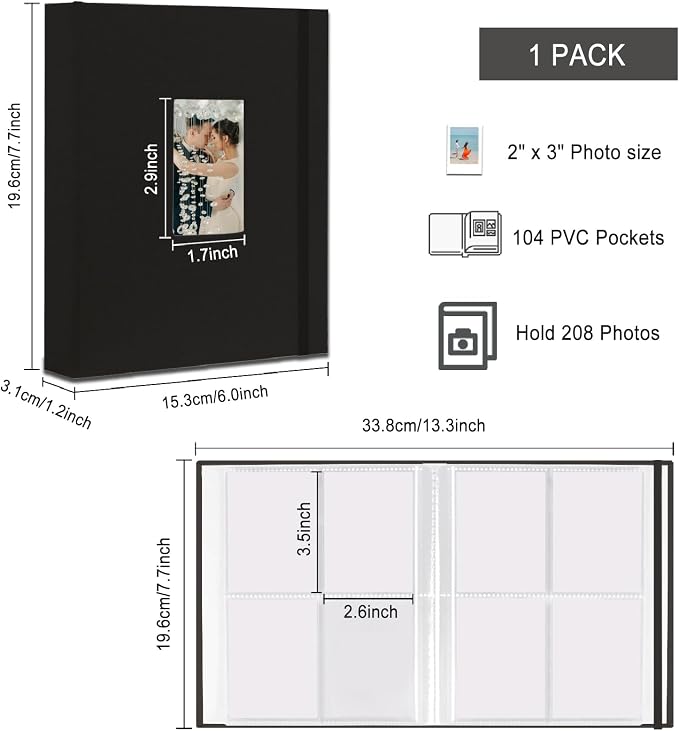 Fujifilm Photo Album, Mini Instant Film Photo Album, 208 Photos Pictures Book 2x3 Inch, Linen Hardcover Polaroid Book for Polaroid Instant Camera, Travel Family Anniversary Baby Vacations Black 1 Pack - Image 4