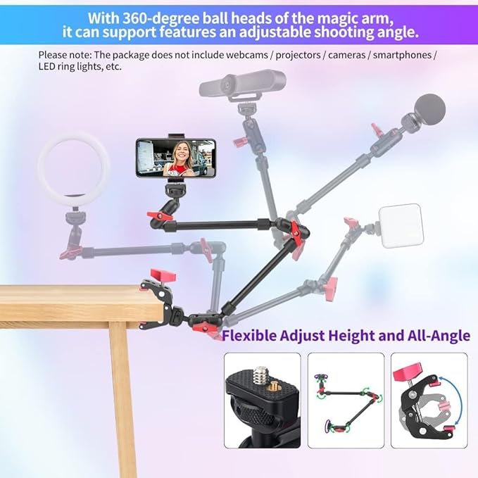 22" Articulating Magic Arm Camera Mount, Desk Clamp Overhead Mount | Anti-deflection lock, anti-slip pads, 0.55lb load, 1/4 3/8 5/8 adapters, aluminum, POV, light, phone, webcam, mic, vlogging - Image 5