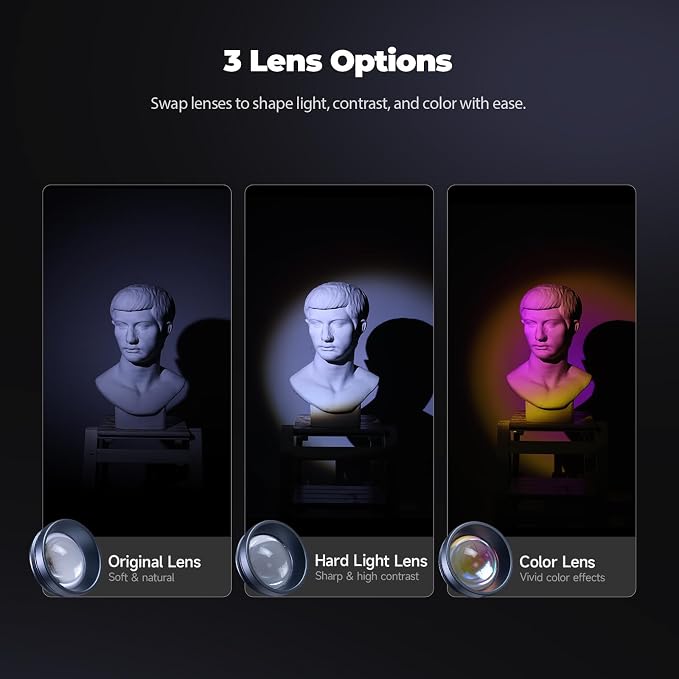 PHOTOOLEX RGB Photography Spotlight, Photography Flashlight, Optical Snoot | 360 ° Color/3500K-7000K/CRI96+/12 Effects/3 Optical Lens/12W Output/PRO, 20 Metal Gobo Filters/9000mAh/APP Control/Portable - Image 5