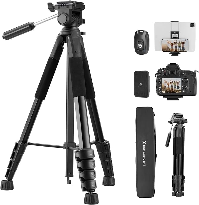 K&F CONCEPT 75" Aluminum Camera Tripod, Lightweight and Compact for Travel | Compatible with Canon Nikon DSLR Camera, Cellphone Clip and Remote Control for Shooting and Video Recording S255A3+BV01 by KFCONCEPT