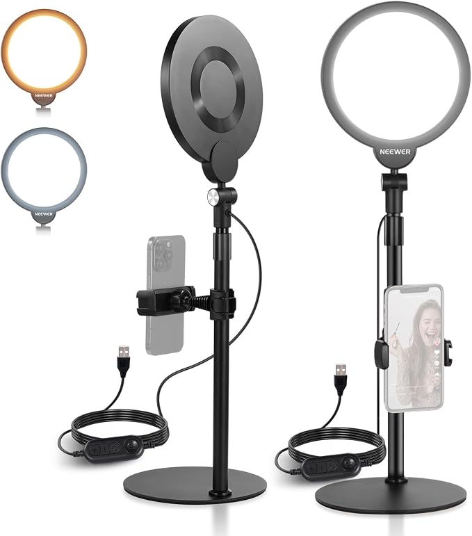 NEEWER Basics 2 Pack 7" Desktop Ring Lights for Video Recording, 10W Dimmable Full Screen Key Lighting with Desk Stands & Phone Holders for iPhone Computer Laptop Vlog Streaming Video Conference, R06 by Neewer