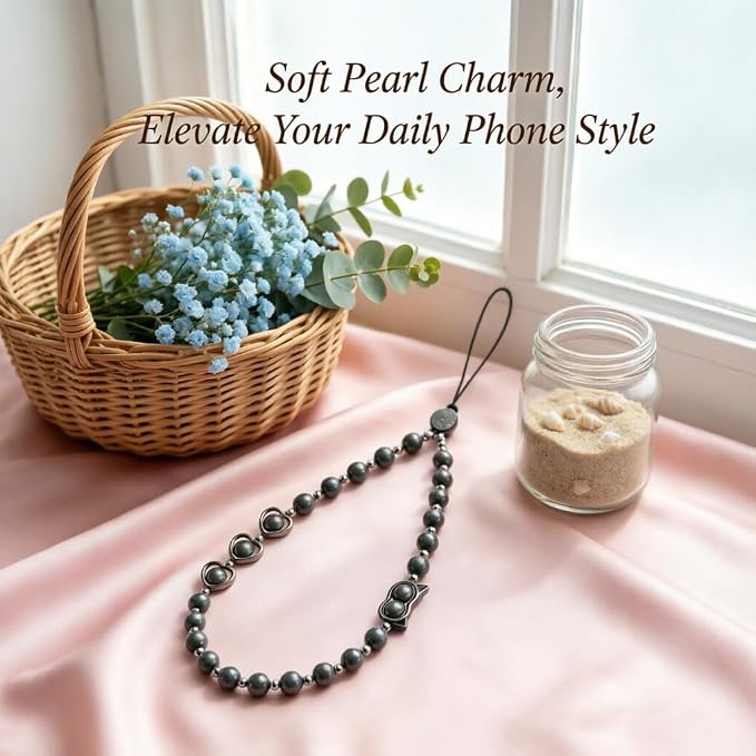 Phone Charm Beaded Strap Cute Cell Phone Wrist Straps String Accessories Hand Aesthetic Lanyard Wristlet Chain for iPhone 17 Pro Camera Case AirPods Bags Keychains Women Girls Gray Pearl - Image 7