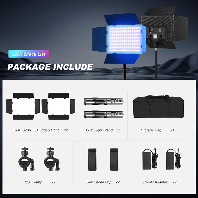 2Pack RGB LED Video Light Kit 12.6in with Barn Door RGB Photography Light | 20W/2500~8500K/14 Effect/2000lux@0.5m LED Panel Light Kit with Light Stand for Gaming Streaming Zoom YouTube Photography - Image 7
