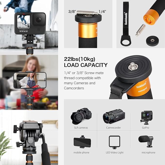 Koolehaoda 69" Aluminum Camera Monopod with Tripod Base, 6 Sections | 6-Section Adjustable Height 18"-69", Φ28mm Leg, Metal Tripod Base, Load Capacity 13lbs/6kg, for DSLR Mirrorless Camera - Image 4