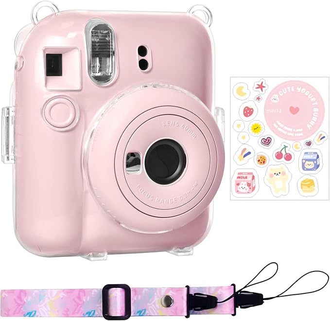 Rieibi Clear Case Compatible with Fuji Instax Mini 12, Carrying Case Bag for Fujifilm Instax Mini 12 Instant Camera with Photo Storage Pocket, Strap and Cute Sticker - Pink by Rieibi