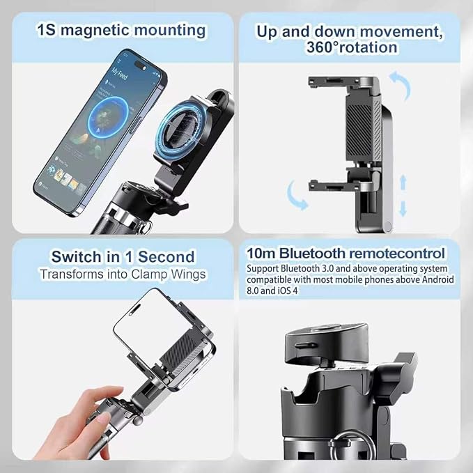 6-in-1 Magnetic Mini 20.5'' Selfie Stick for iPhone with LED Light. Can Converts into Mini Tripod/Phone Camera Grip/Handheld Stabilizer/Phone Stand. Selfie Stick with Rechargable Remote - Image 11
