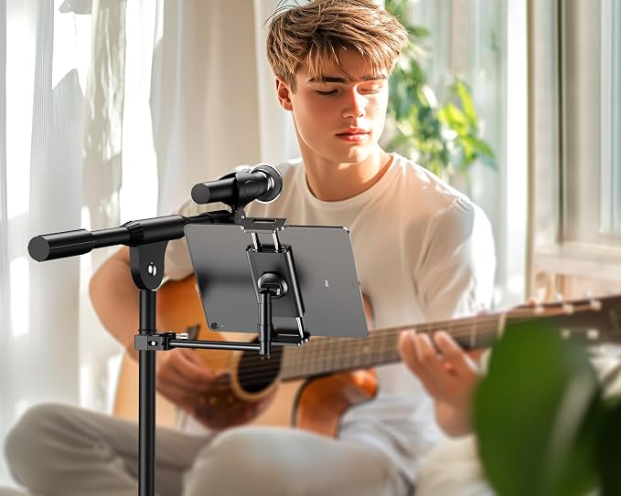 elitehood Aluminum iPad Holder for Mic Stand, Side Mount iPad Music Stand | 360° Swivel Tilt Adjustable Tablet Holder for Microphone Stand, Heavy Duty iPad Clip Attachment for 4-13in Tablets, Black - Image 8