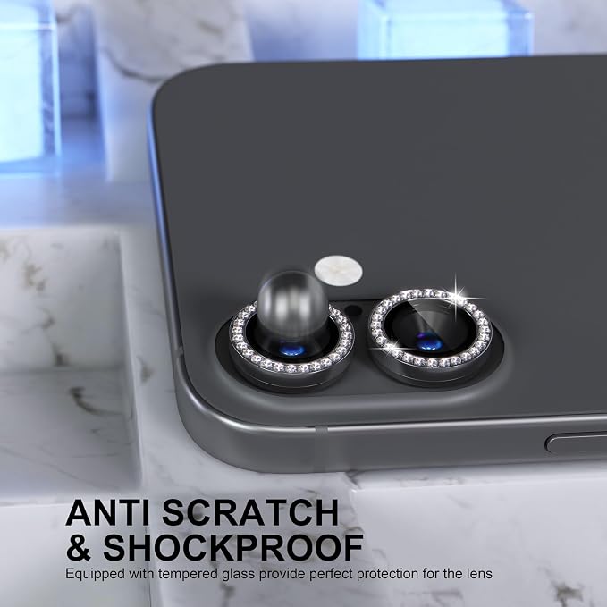 Choiche for iPhone 16/16 Plus Camera Lens Protector Bling, Diamond-Black | Ultra HD, 9H Tempered Glass Camera Cover Screen Protector Metal Individual Ring Decoration Accessories, 2-Lens, 6.1/6.7-inch - Image 3