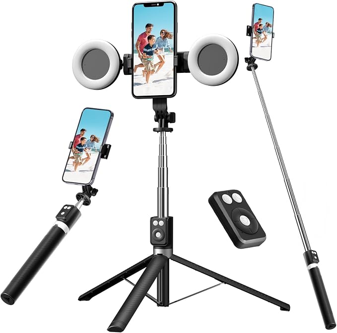 Selfie Stick Tripod with Fill Light, Phone Selfie Stick,Durable Stainless Steel Design,Bluetooth Remote Control,and Stable Three-Legged Support for Live Broadcasts,Video Shooting (Black) by Mouzakon