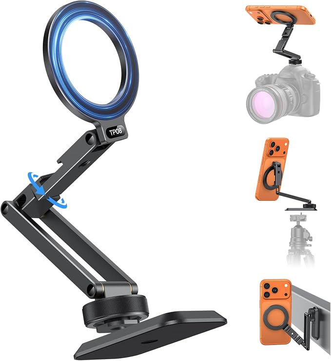 OMOTON Magnetic Phone Mount for Tripod Camera with Arca Base Cold Shoe 1/4" | Aluminum 360° Adjustable, Detachable Base with Magnet for Steel Surface for Gym Golf Cart Video Recording, for iPhone Android by OMOTON