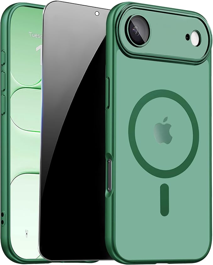 for iPhone Air Case with Privacy Screen Protector, Green | Full Camera Protection, Magnetic, Compatible with MagSafe, Translucent Matte Shockproof Phone Cover for iPhone 17 Air by ZOZDOKG