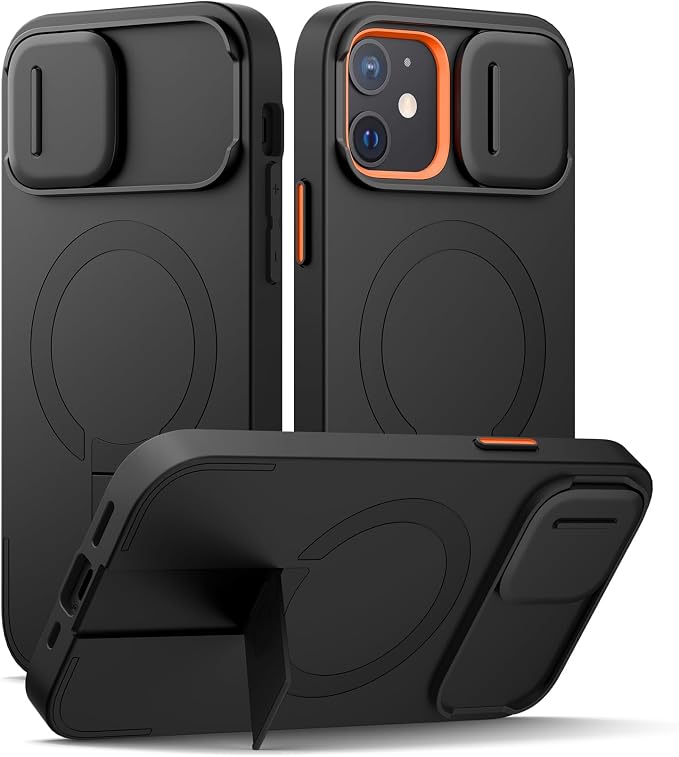 SURITCH for iPhone 12/12 Pro Case with Magnetic Camera Slide Cover and Adjustable Kickstand, Compatible with MagSafe, Shockproof Bumper Case Slim Protective Cover for iPhone 12/12 Pro 6.1 Inch, Black by SURITCH