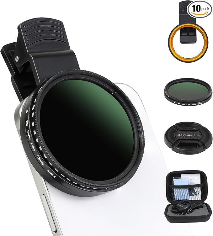 52MM Variable ND2-ND400 Filter, Ultra Slim Multi-Coated Adjustable Neutral Density Filter, Clip-on Phone Lens ND Filter Kit, Compatible for iPhone 15 14 13 12 11, Google Pixel and Other Smart Phones by Boysinglens
