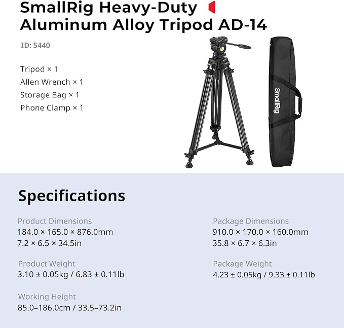 SMALLRIG 73''/186cm Heavy Duty Aluminum Alloy Video Tripod, Max Load 8kg (18lbs), Fluid Head with +85° to -78 Tilt Range, Compact Travel Tripod Weight 3.1kg(6.8lbs), Folded Height 88cm, AD-14 - Image 9