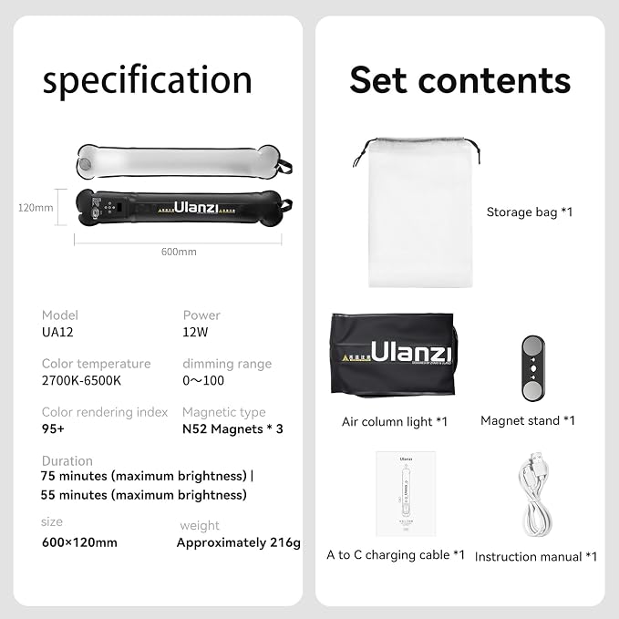 Ulanzi UA12 Bi-Color LED Inflatable Tube Light, 2700K-6500K 12W Foldable | 2500mAh Rechargeable, Lighting Wand Stick, with 1/4" Mount, Magnetic LED Video Light, For Portrait, Vlog, YouTube Photography - Image 9