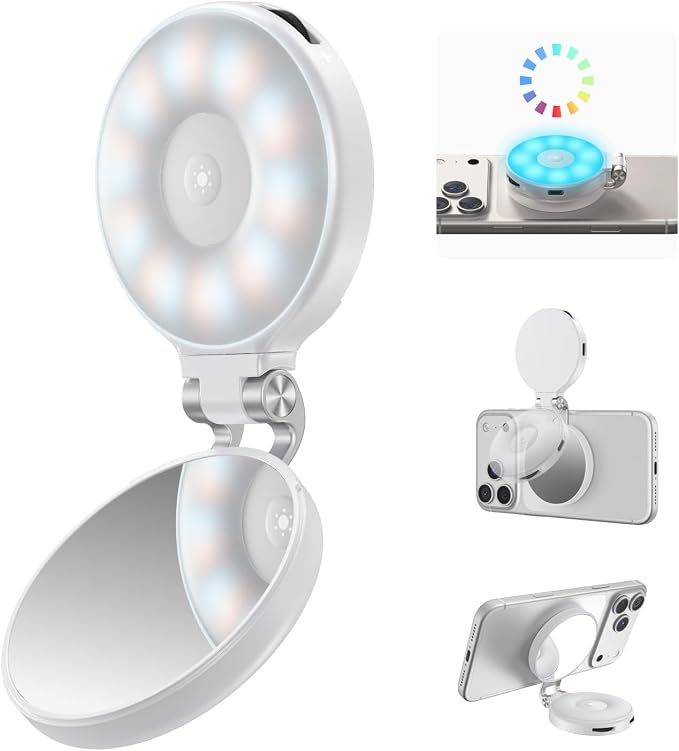 TELESIN Upgraded 4-in-1 Magnetic RGB Selfie Ring Light with Mirror & Phone Stand, Rechargeable Portable Clip On Fill Light for iPhone Samsung TikTok, Vlogging, Makeup, Photography, Streaming (White) by telesin