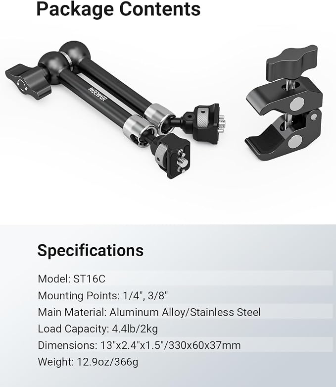 Neewer 11" Articulating Magic Arm Clamp Mount with Super Clamp, Camera Monitor Mount with 1/4" 3/8" ARRI Locating Pins & Holes for DSLR Action Camera Video Light Compatible with SmallRig Cage, ST16C - Image 10