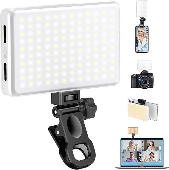 168 LED Portable Selfie Light Video Conference Light with Front & Back Clip, Rechargeable 3 Light Modes for Phone, iPhone, Android, iPad, Camera, Laptop, Makeup, Tiktok, Vlog(White) by Auriani