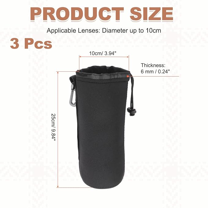 PATIKIL 3 Pcs Camera Lens Pouch, 4" ID x 10" H Drawstring Lens Pouch Protective Camera Lens Case Bag Soft Plush Neoprene Bag for DSLR Photography Gear, Black - Image 2