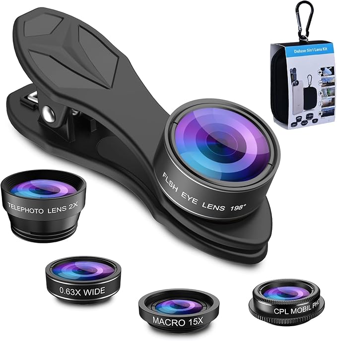 MIAO LAB 5 in 1 Phone Camera Lens Kit -0.63X Wide Angle Lens & 15X Macro Lens+190°Fisheye Lens/CPL + 2X Telephoto Lens Compatible with iPhone Samsung Sony and Most of Smartphone by MIAOLAB