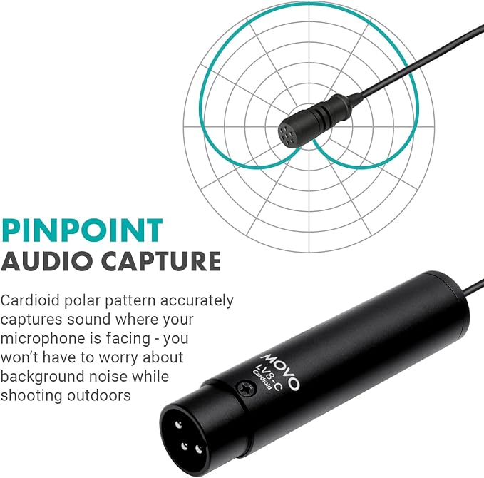 Movo LV8-C Broadcast-Quality XLR Lavalier Cardioid Condenser Wired Microphone with 12mm Mic Capsule for Accurate Voice Recording - Kit Includes Lapel Clip, Case and Windscreen - Image 3